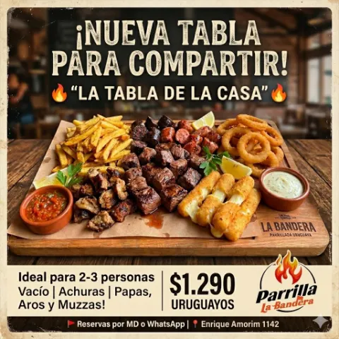 Placa de La Tabla de la Casa: vacío, achuras, papas, aros y muzzas, ideal para 2 o 3 personas, 1.290 pesos